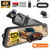 ESSGOO 10" Dash Cam 1920*1080P Car Dvr Touch Screen Video GPS WIFI AUX Recorder RearView Mirror Dashcam Camera Drive Recorder