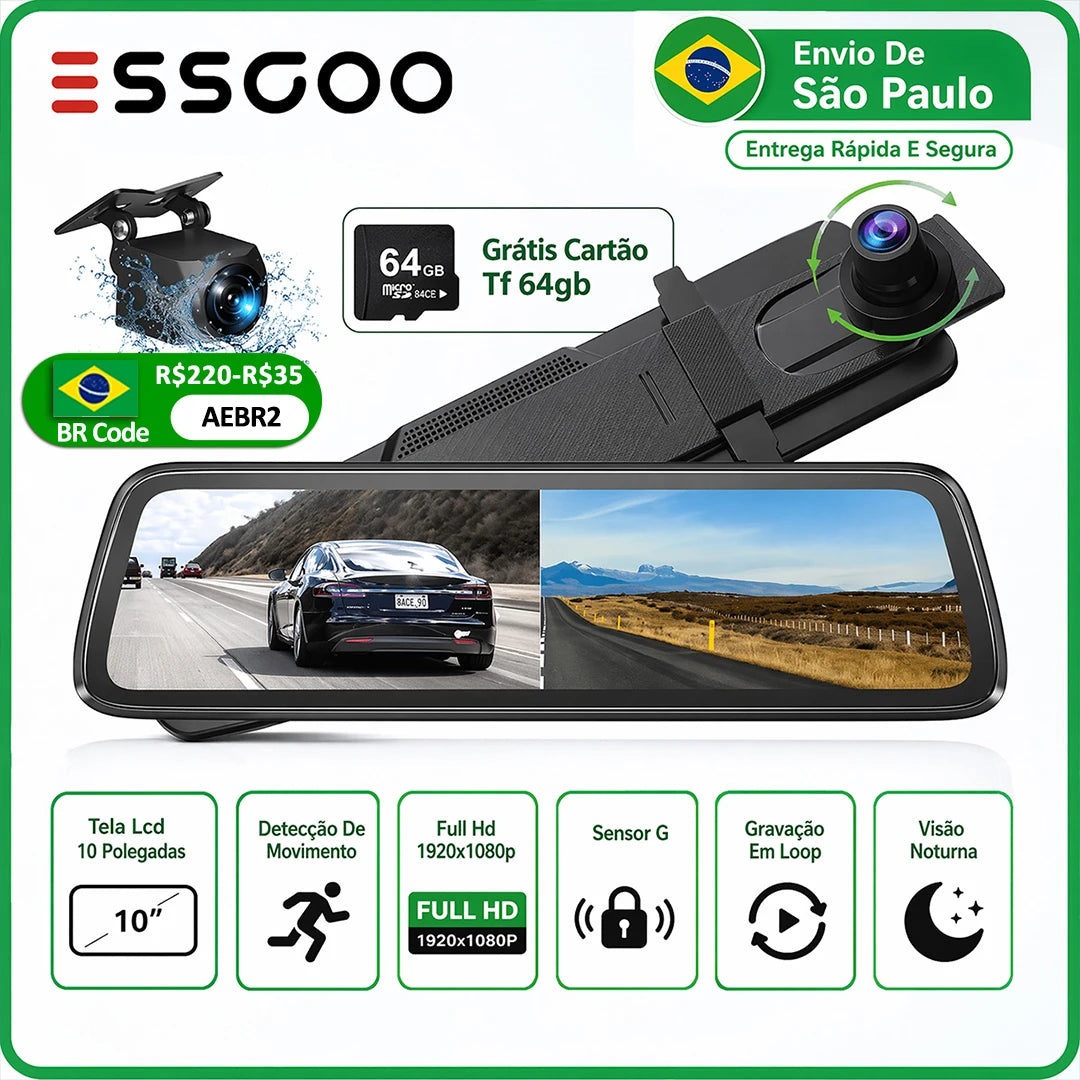 ESSGOO 10" Dash Cam 1920*1080P Car Dvr Touch Screen Video GPS WIFI AUX Recorder RearView Mirror Dashcam Camera Drive Recorder