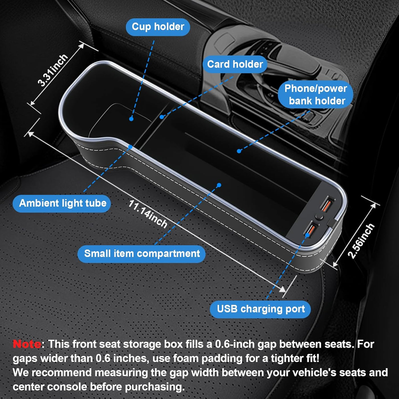 2 Pack Car Gap Filler Organizer with Charger Upgrade LED Seat Gap Organizer Box with Cup Holder Card Slot Larger Storage Space Reducing Item Loss